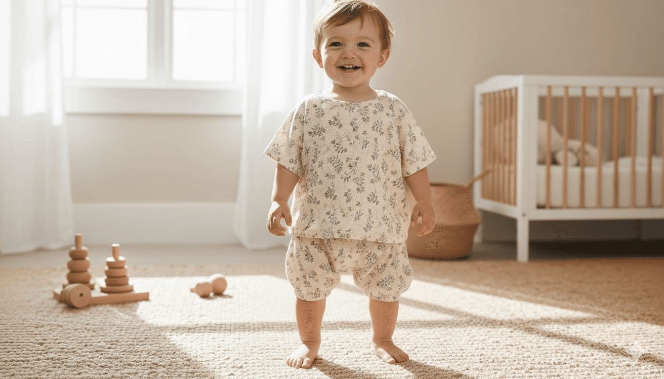 Happy baby playing in Petal Steps soft kids clothing