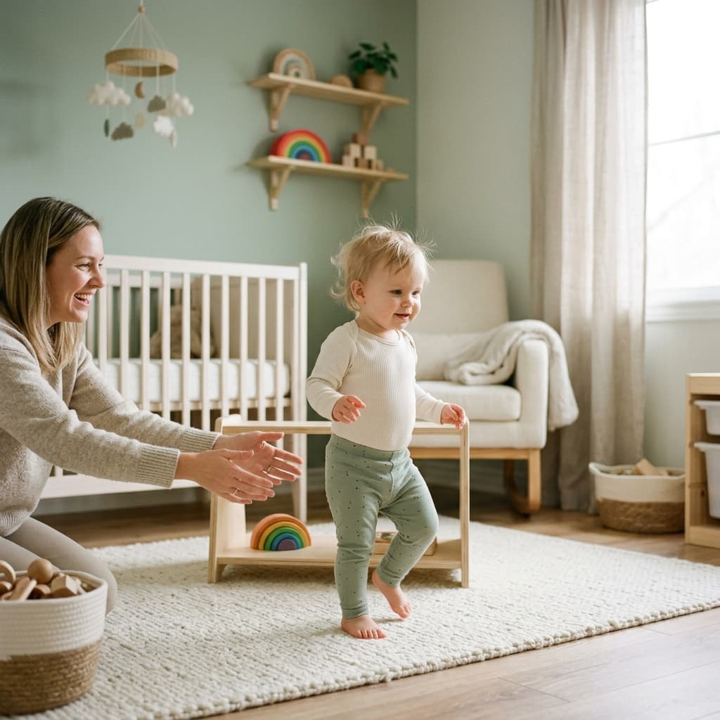 Baby taking first steps in comfortable Petal Steps clothing